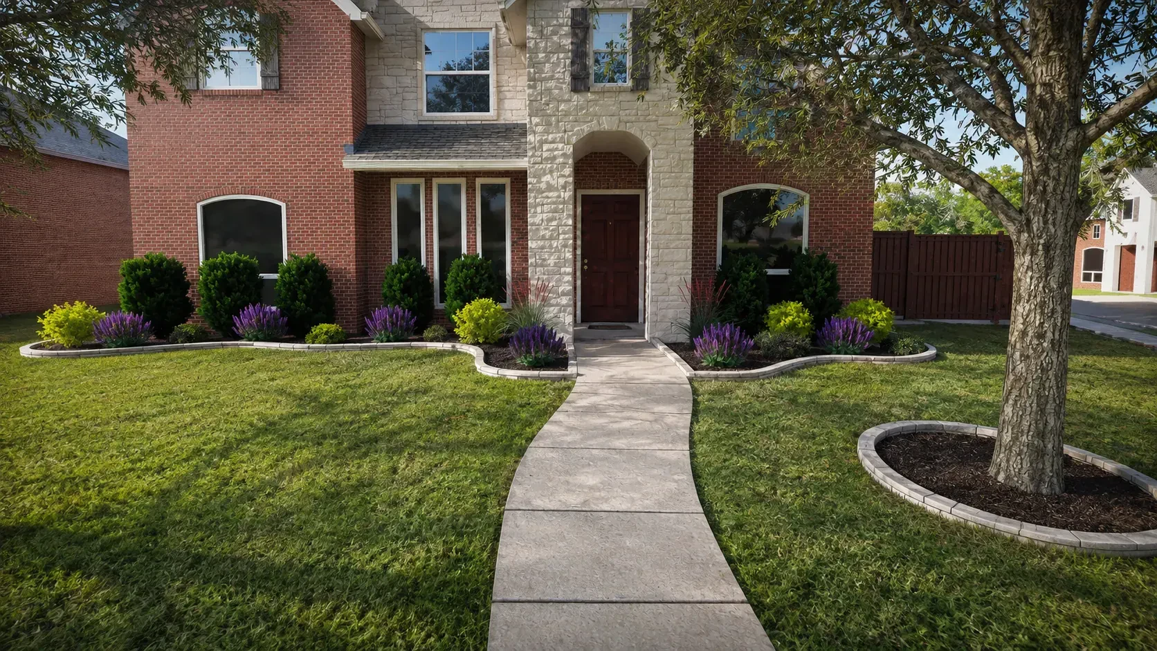 Design rendering: red brick house planting concept front view