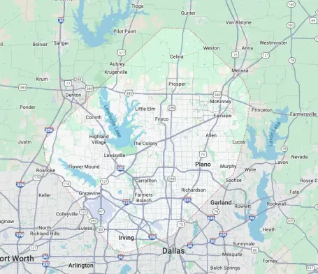 All Green Landscapes service area map covering the DFW Metroplex, from Celina and Prosper south to Dallas and Irving