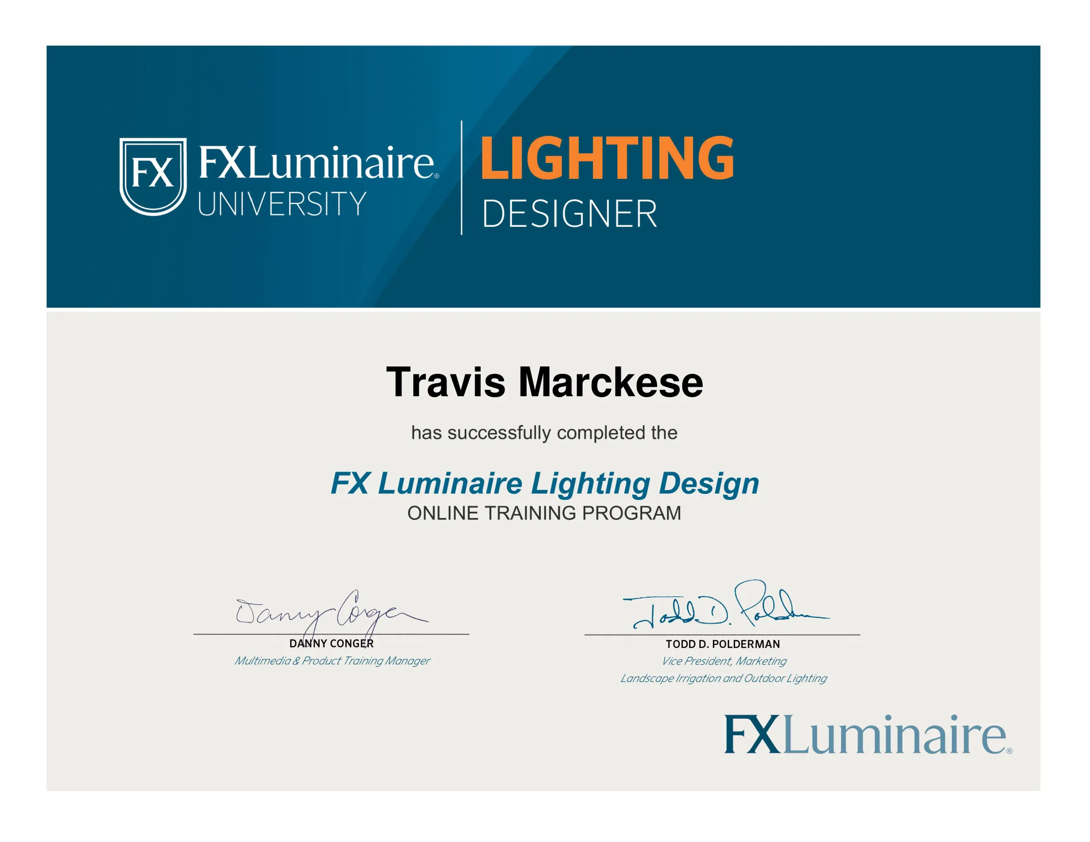 FX Luminaire University Lighting Design training program certificate