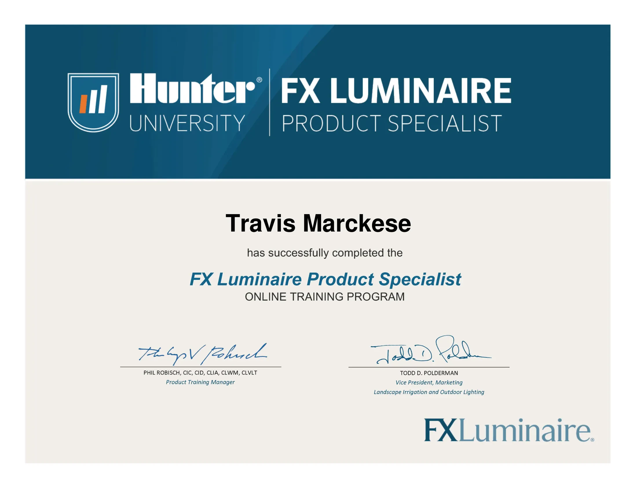 Hunter University FX Luminaire Product Specialist training program certificate