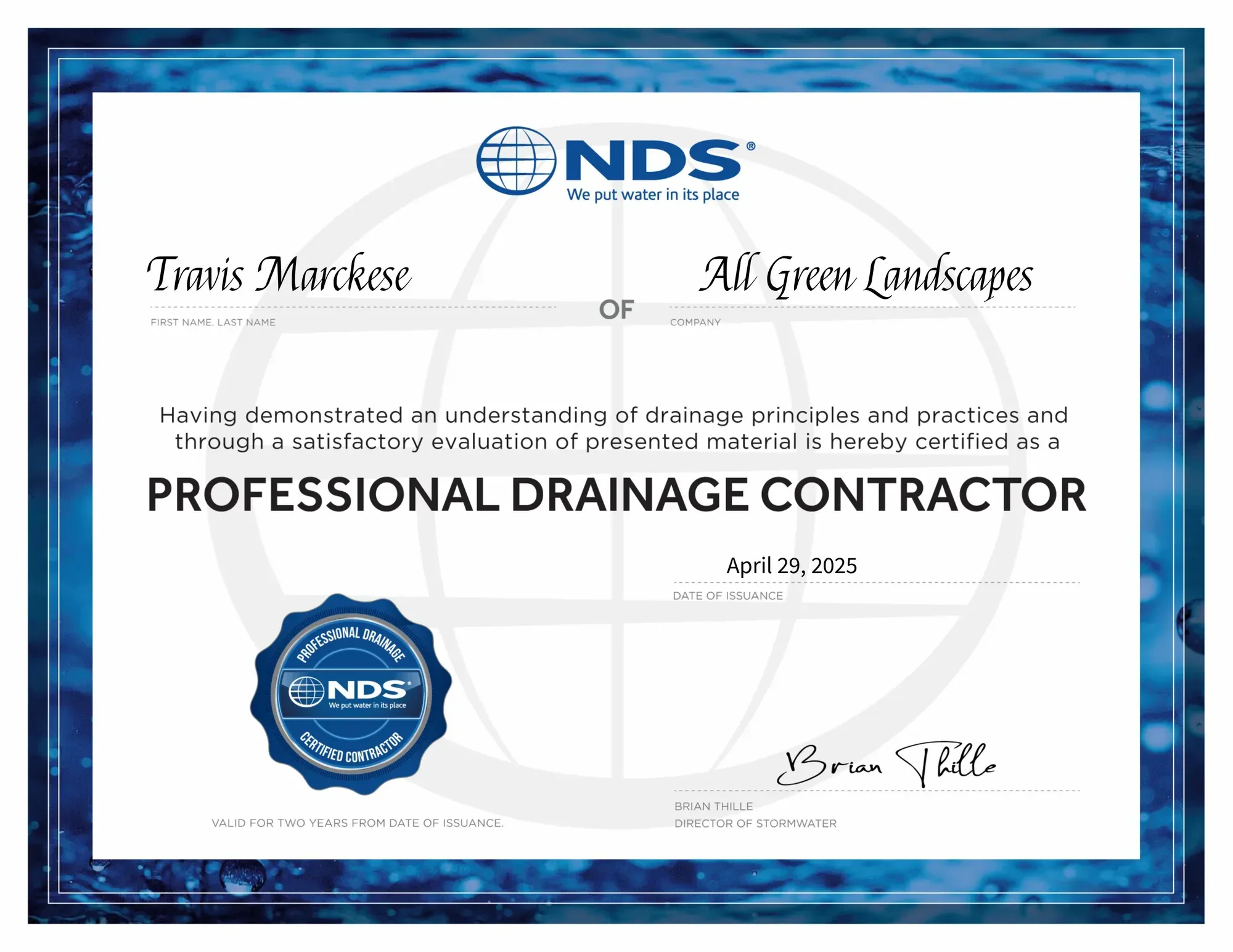 NDS Professional Drainage Contractor certificate for All Green Landscapes, issued April 29, 2025